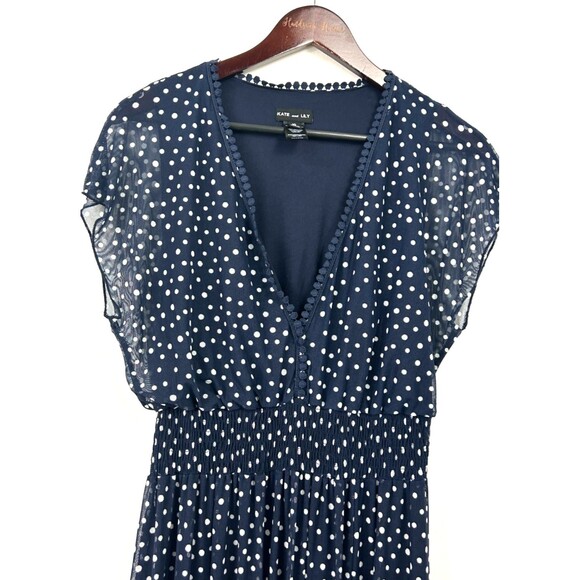 Kate and Lily Sheer Maxi Dress Navy White Polkadots Womens Size 10 1184H - Picture 10 of 12